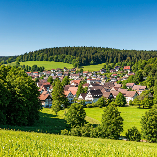 Beautiful green landscape of a German village with traditional houses nestled among rolling hills and lush trees under a bright blue sky