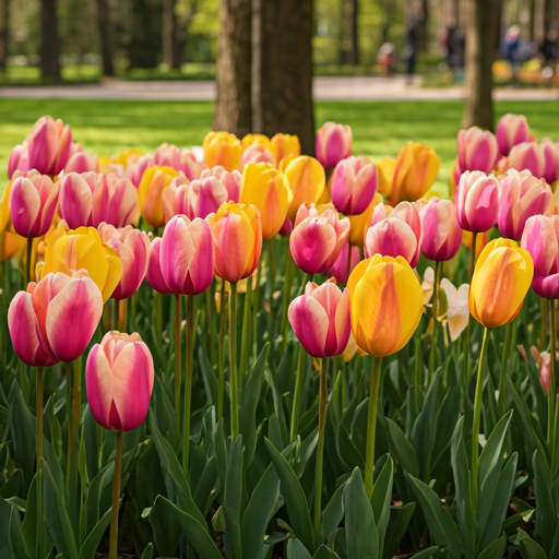 Beautiful spring flowers blooming in a park