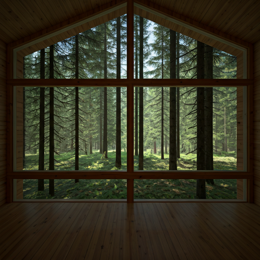 Cozy wooden cabin interior with forest view