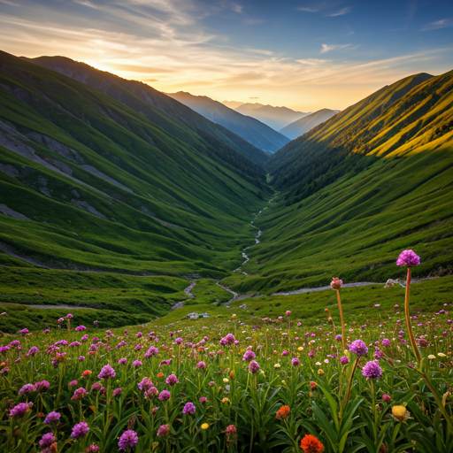 Beautiful lush green mountain valley with wildflowers during golden hour