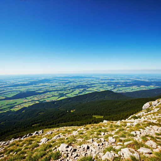 Panoramic view from mountain peak over green valley